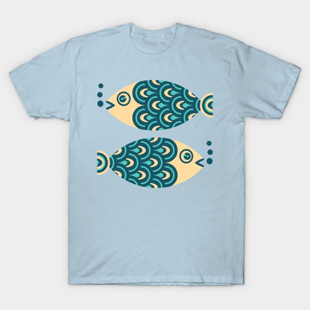 TWO FUN SWIMMING GEOMETRIC FISH Retro in Dark Blue, Turquoise and Cream - UnBlink Studio by Jackie Tahara T-Shirt by UnBlink Studio by Jackie Tahara